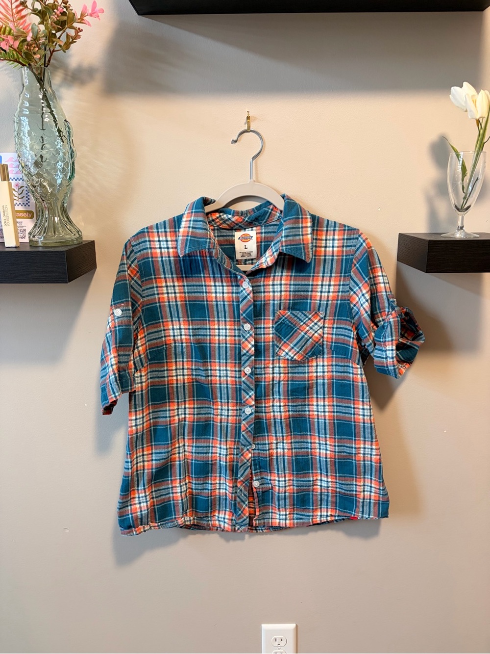 Dickies Teal and Orange Plaid Button-Down Shirt